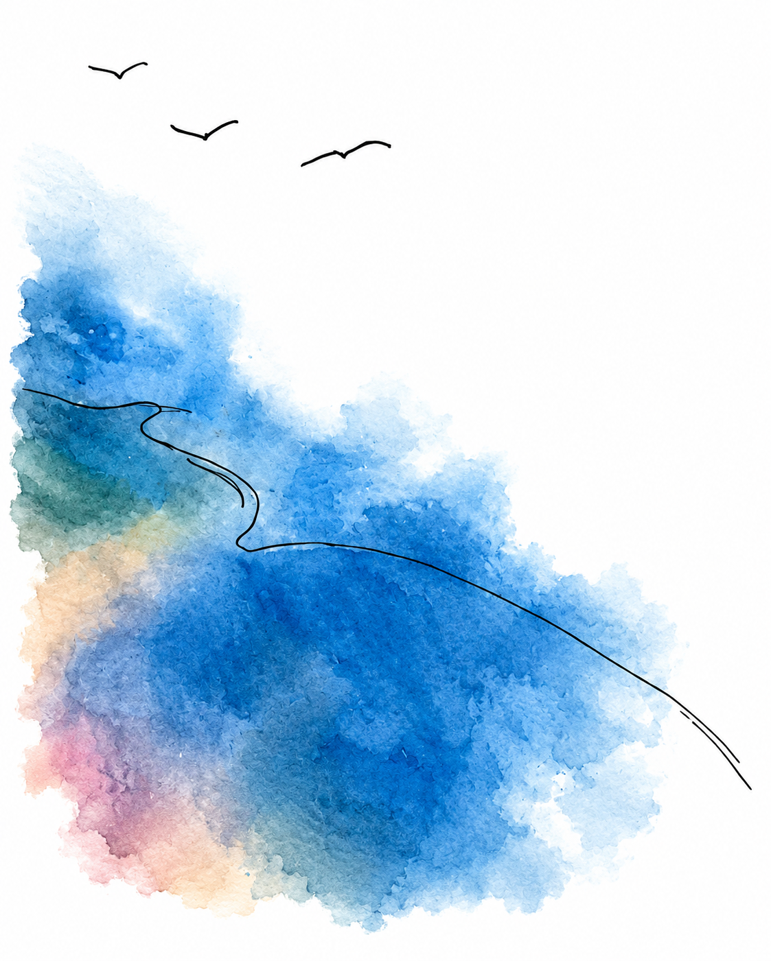 Blue watercolor sky with birds in flight