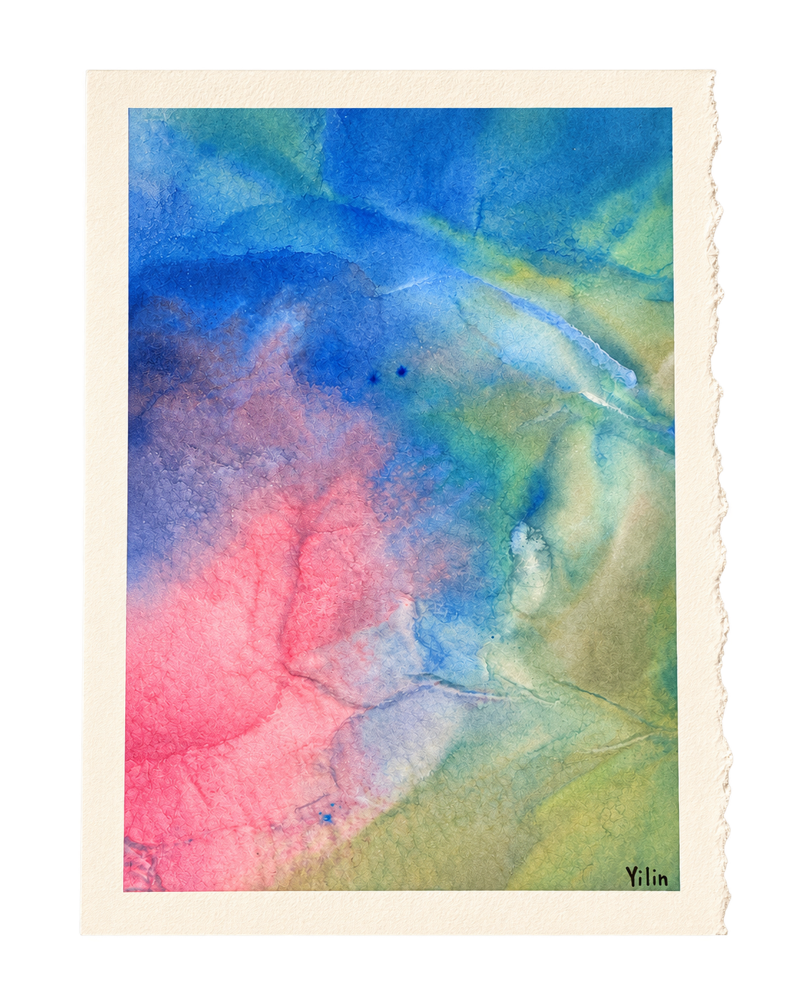 Colorful watercolor with two small figures in a pond-like scene