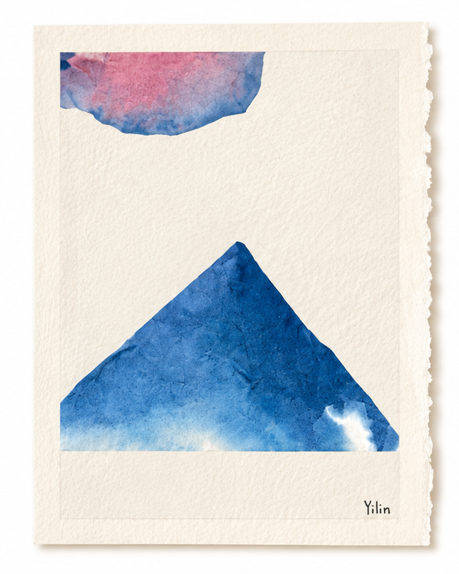 Blue watercolor mountain beneath a pink sky