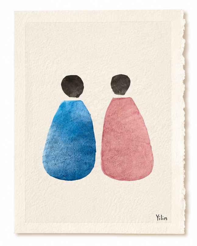 Two simple blue and pink painted figures