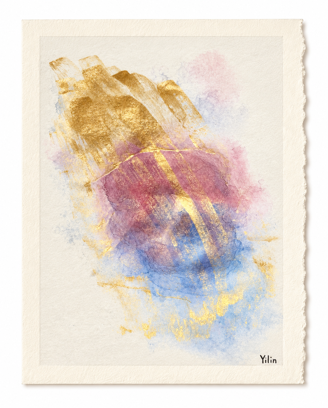 Gold, pink, and blue abstract mixed-media artwork