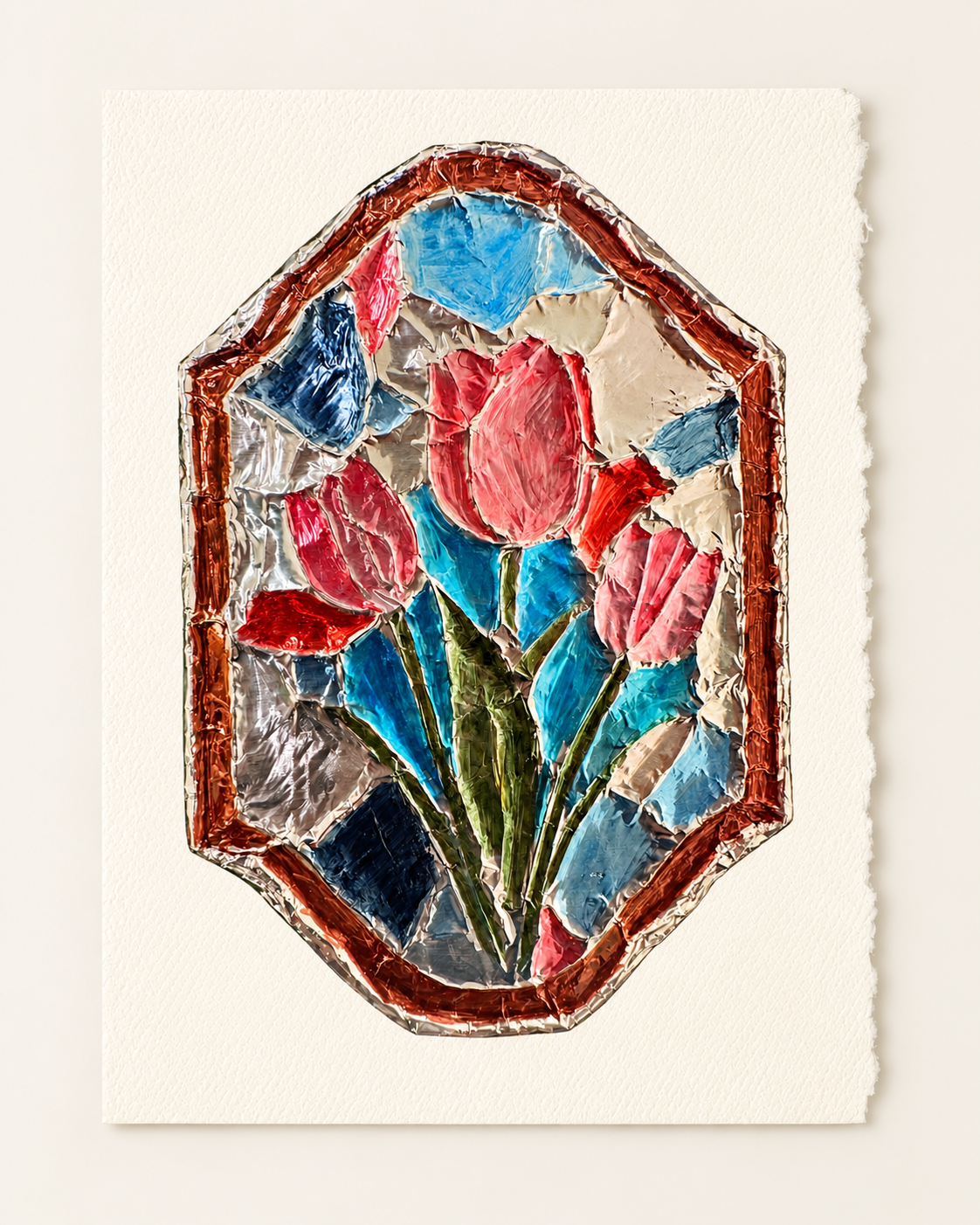 Colorful tulips in a glass-like frame